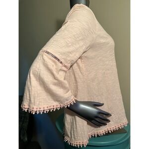 Style & Co Peach Pink Cotton 3/4 Bell Sleeve Top Pom Pom Trim Petite Large